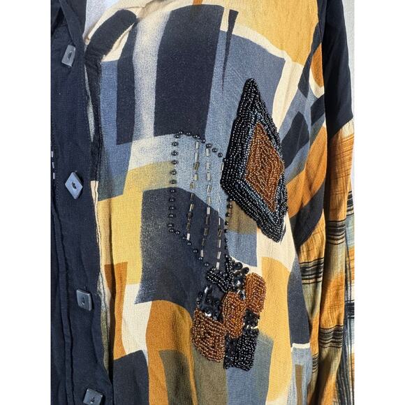 Quirky Button-Up Tunic B.O.P 1X Black Gold Plaid‎ Abstract Patchwork Artsy Boho - Picture 5 of 9